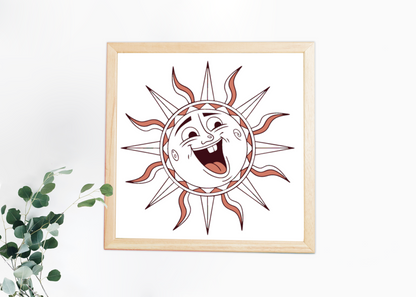 Cadre vintage avec un soleil rieur éclatant sur fond estival lumineux