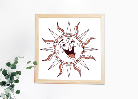 Cadre vintage avec un soleil rieur éclatant sur fond estival lumineux