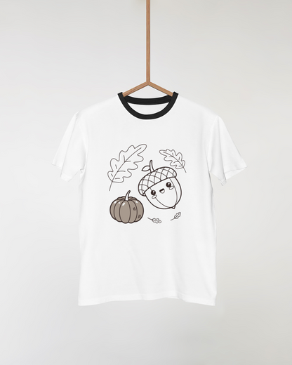 T-shirt automnal avec un gland souriant et une citrouille dans un style adorable