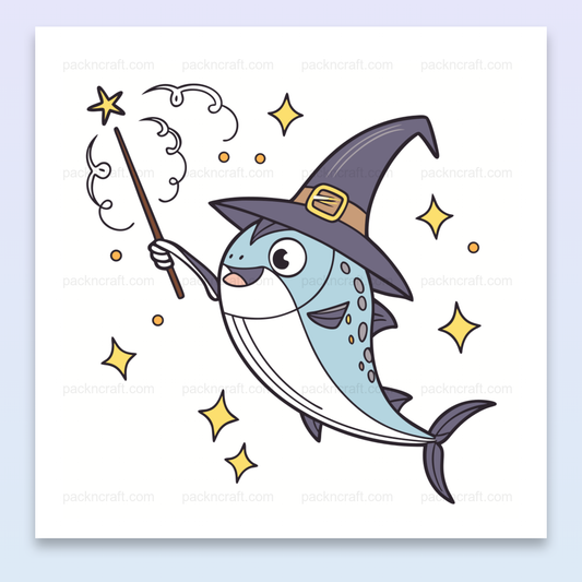 Illustration d'un poisson magicien avec un chapeau de sorcier pour Halloween, idéale pour créations DIY.