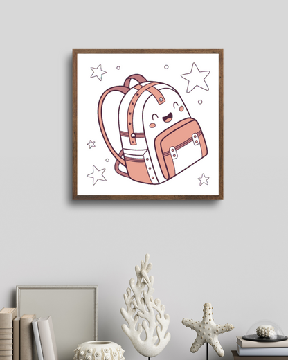 Cadre minimaliste avec icône de cartable étoilé sur fond doux pour école rêveuse
