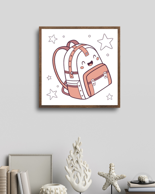 Cadre minimaliste avec icône de cartable étoilé sur fond doux pour école rêveuse