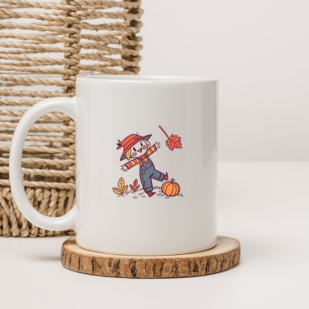 Mug avec un épouvantail joyeux en style Kawaii pour une ambiance automnale