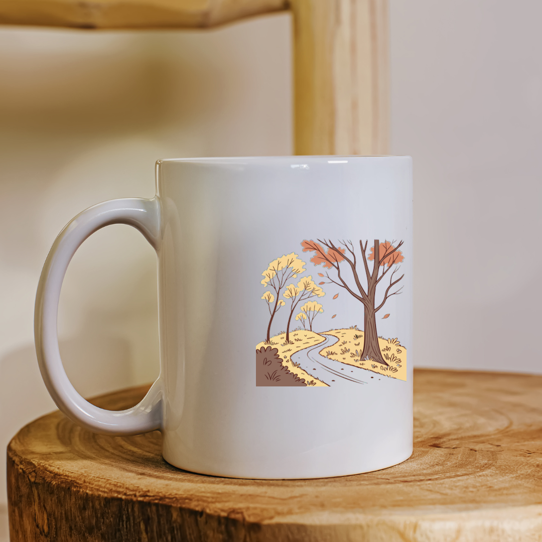 Mug avec décoration pastel, icône numérique d'un apaisant paysage automnal