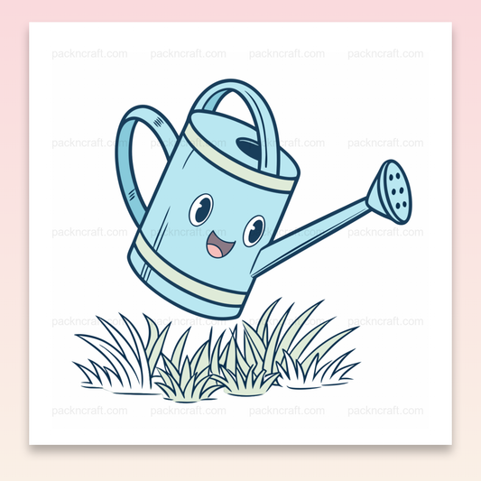 Illustration kawaii d'un arrosoir joyeux dans l'herbe, style pastel