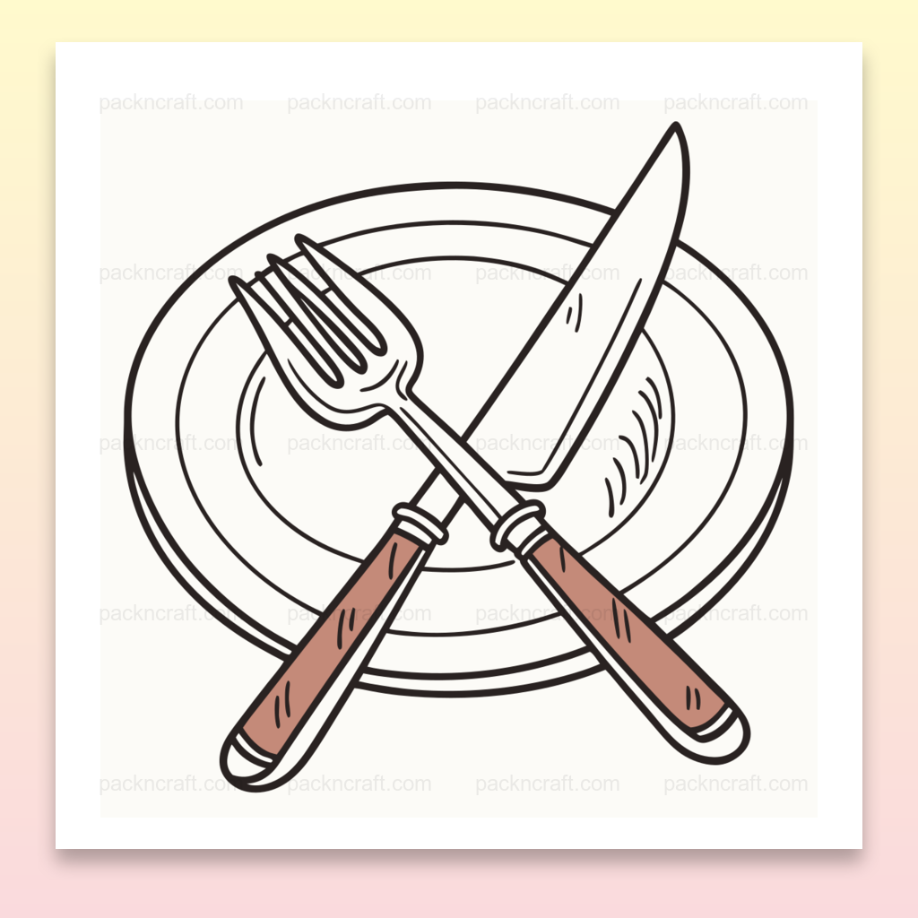 Illustration vectorielle de couverts posés sur une assiette, idéale pour projets culinaires.