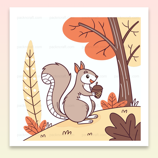 Illustration d'un écureuil joyeux tenant un gland en automne pour déco DIY