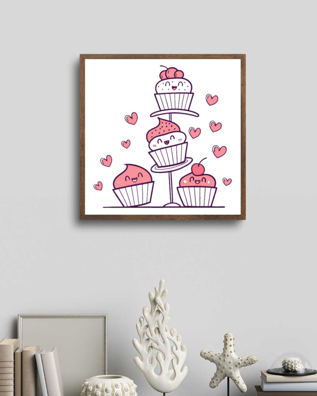 Image de cupcakes empilés, mignons et joyeux, parfait pour cadre décoratif.