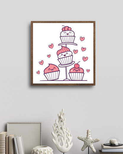 Image de cupcakes empilés, mignons et joyeux, parfait pour cadre décoratif.
