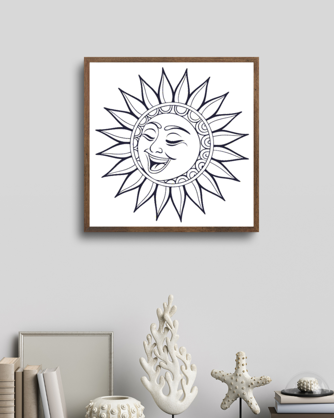 Cadre déco avec soleil souriant au style linéaire, parfait pour ambiance ludique