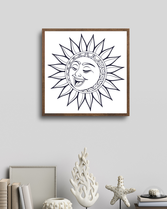 Cadre déco avec soleil souriant au style linéaire, parfait pour ambiance ludique