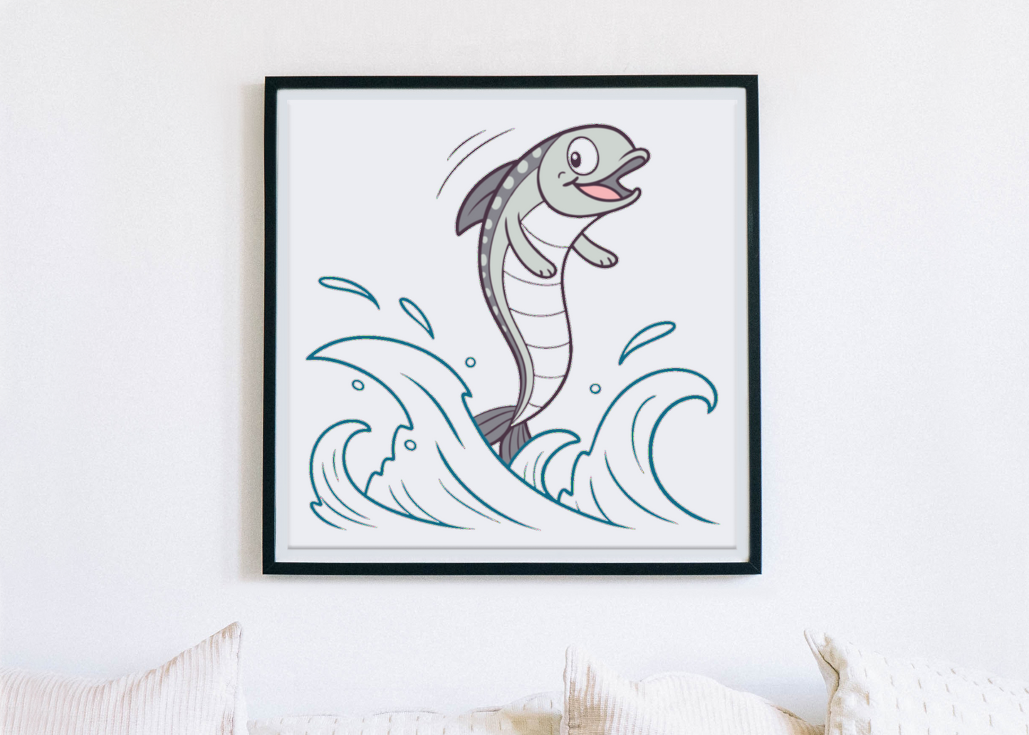 Cadre design avec dauphin joueur sur vagues, apporte une touche ludique et océanique