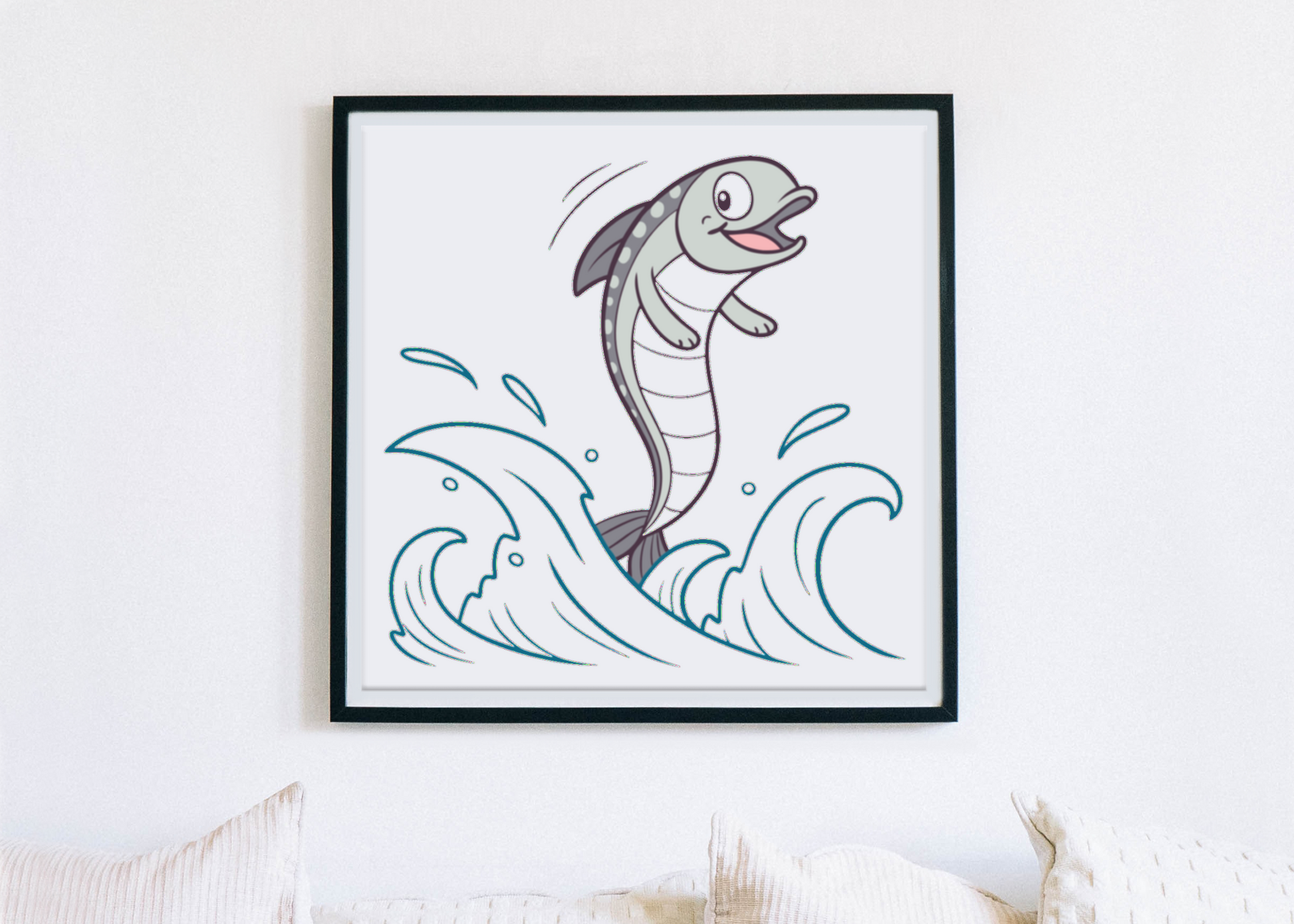 Cadre design avec dauphin joueur sur vagues, apporte une touche ludique et océanique