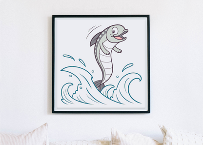 Cadre design avec dauphin joueur sur vagues, apporte une touche ludique et océanique