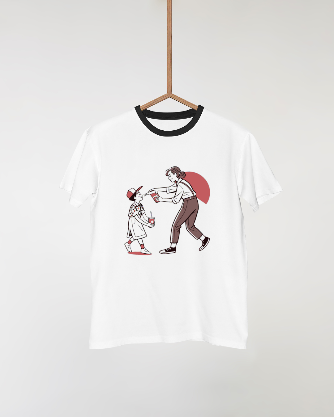T-shirt personnalisé avec motif rétro de serveuse, style nostalgique.