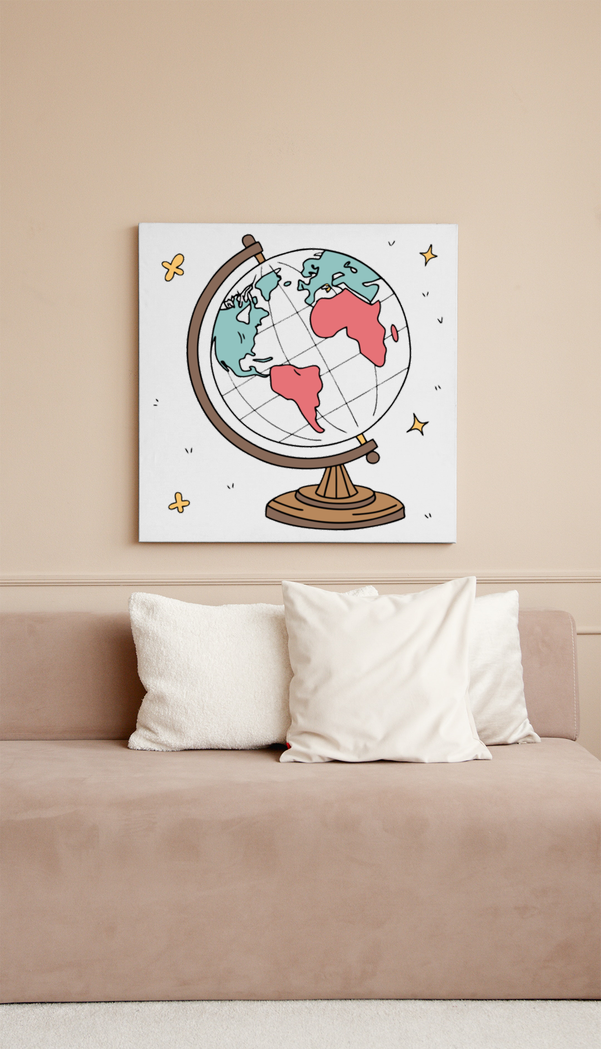 Cadre moderne avec le dessin d'un globe terrestre et des motifs doodle créatifs