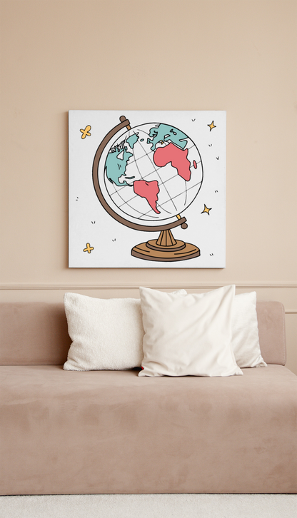 Cadre moderne avec le dessin d'un globe terrestre et des motifs doodle créatifs