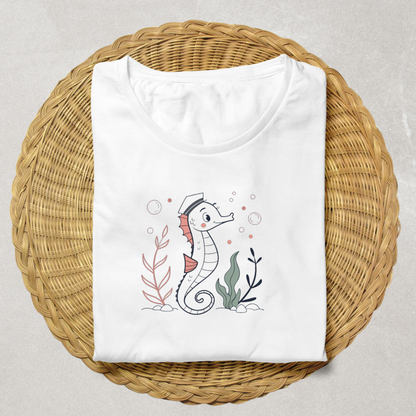 T-shirt avec hippocampe pastel, style marin et aventure, parfait pour explorer