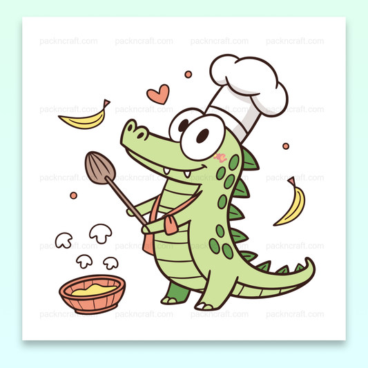 Illustration d'un crocodile chef joyeux en cuisine, fichier numérique SVG.