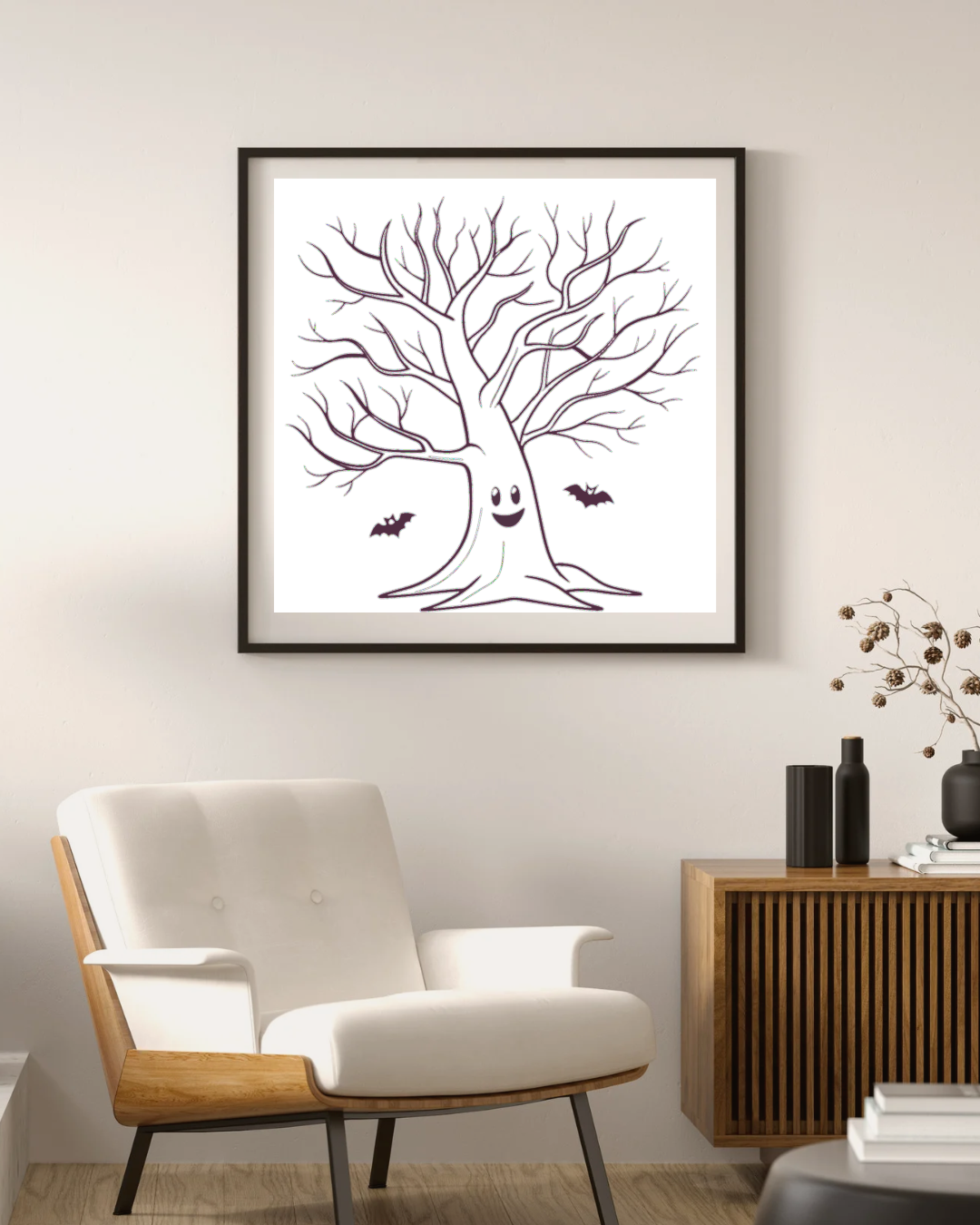 Cadre avec un motif d'arbre magique et souriant pour une déco Halloween unique