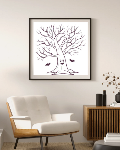 Cadre avec un motif d'arbre magique et souriant pour une déco Halloween unique
