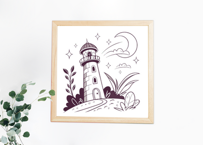 Cadre avec illustration minimaliste de phare éclairé sous un ciel de lune paisible