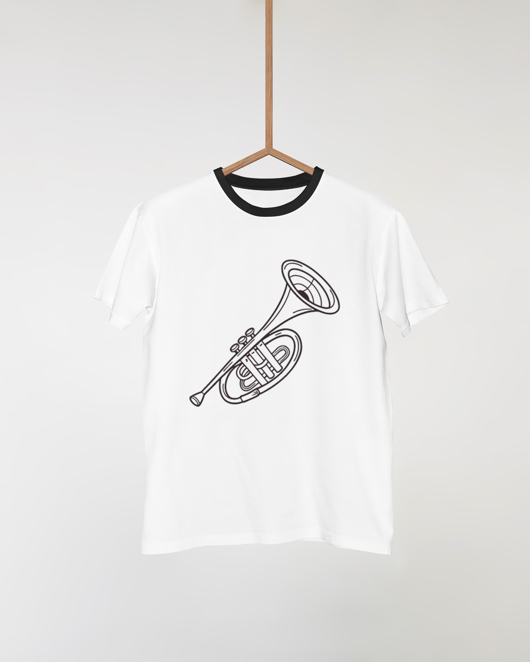 T-shirt illustré avec une élégante trompette vintage sur fond musical