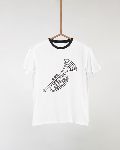 T-shirt illustré avec une élégante trompette vintage sur fond musical