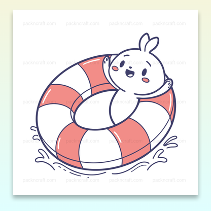 Illustration d'un lapin joyeux dans une bouée, idéale pour déco estivale et projets DIY.
