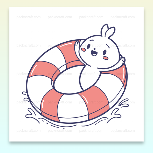 Illustration d'un lapin joyeux dans une bouée, idéale pour déco estivale et projets DIY.