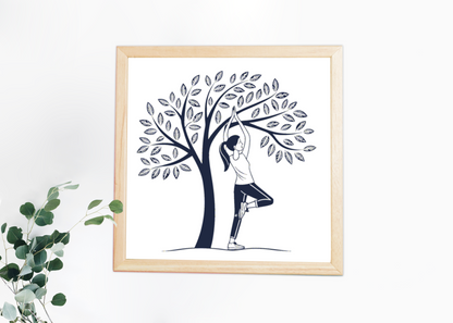 Cadre décoratif avec une femme en yoga sous un arbre dans un style épuré et zen