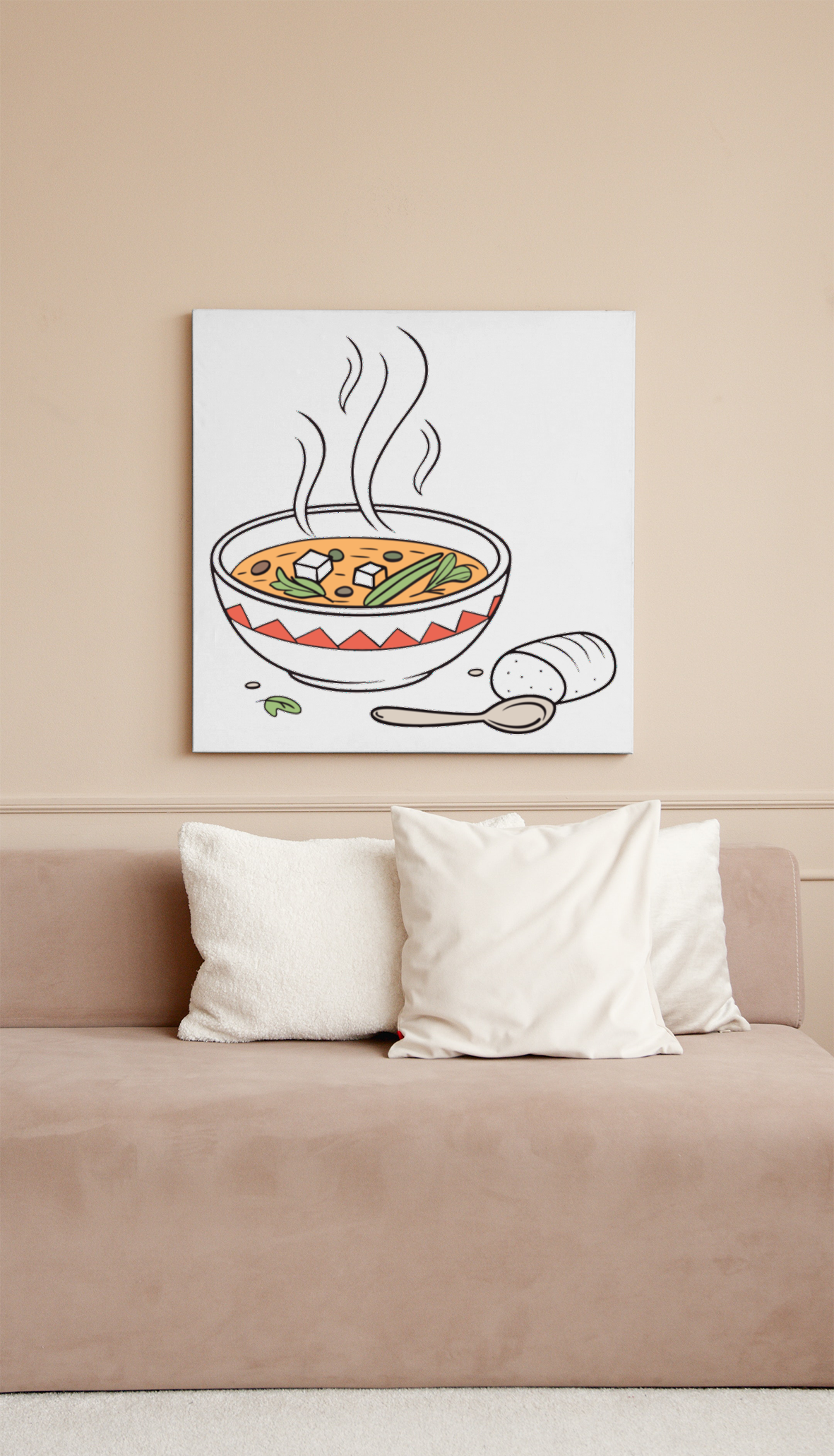 Cadre mural montrant une soupe fumante avec légumes, style cuisine réconfortante