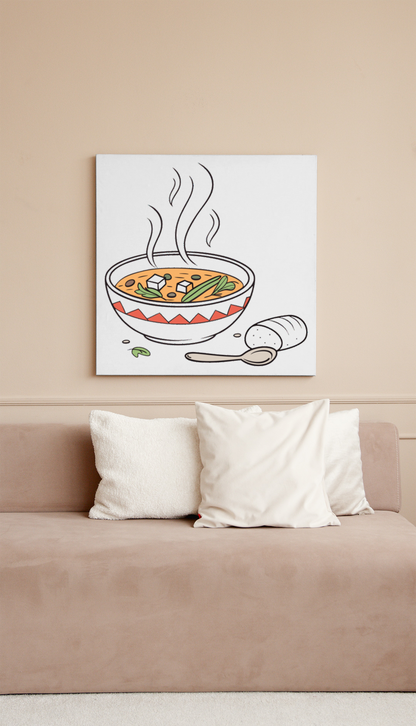 Cadre mural montrant une soupe fumante avec légumes, style cuisine réconfortante