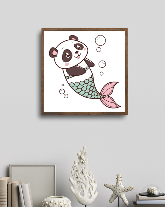 Cadre vibrant avec un gentil panda sirène dans un style vectoriel doux et marin