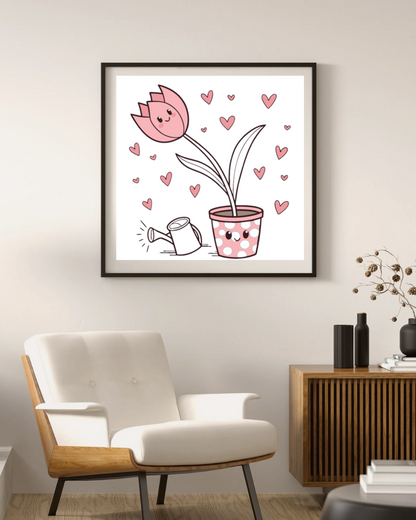 Cadre décoratif avec tulipe kawaii dans pot à pois pour ambiance Love Garden