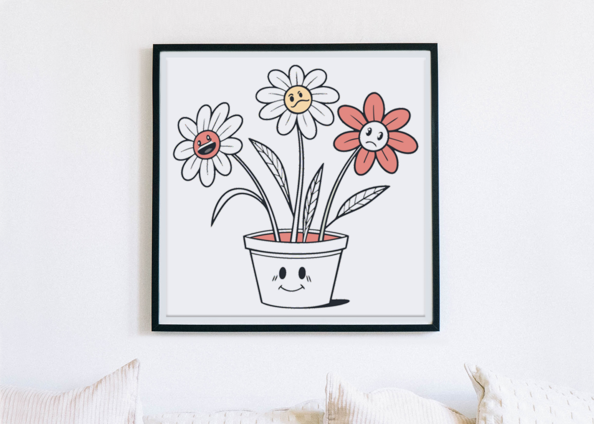 Cadre avec fleurs animées dans un pot style doodle pour une déco enfantine