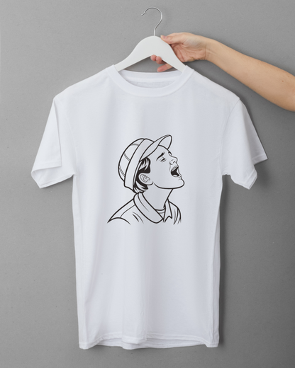 T-shirt avec design monochrome d'un garçon exprimant une émotion intense