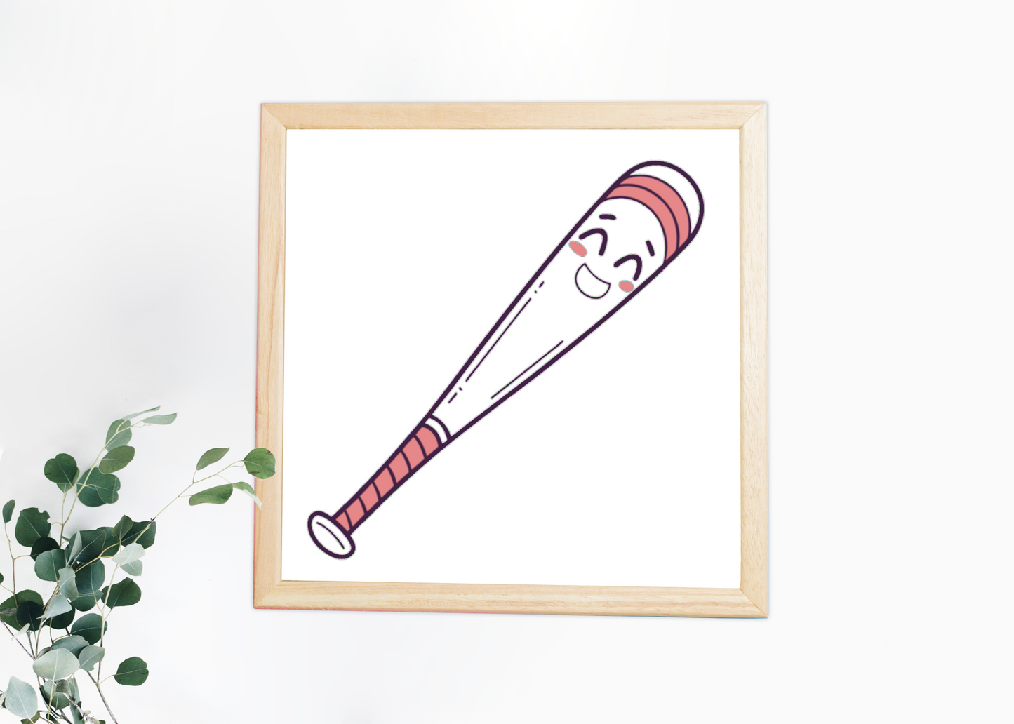 Cadre avec batte de baseball souriante et style minimaliste sportif ludique