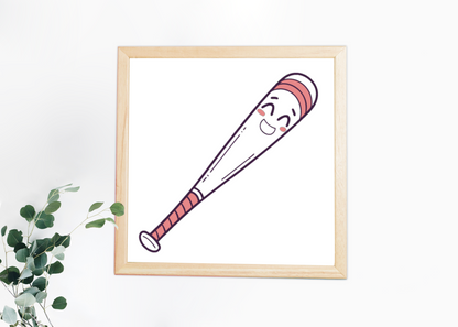 Cadre avec batte de baseball souriante et style minimaliste sportif ludique