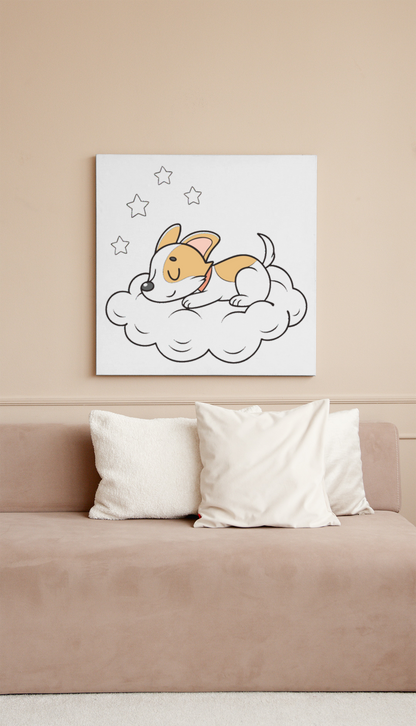 Cadre avec chiot pastel rêveur sur nuage pour une ambiance adorable