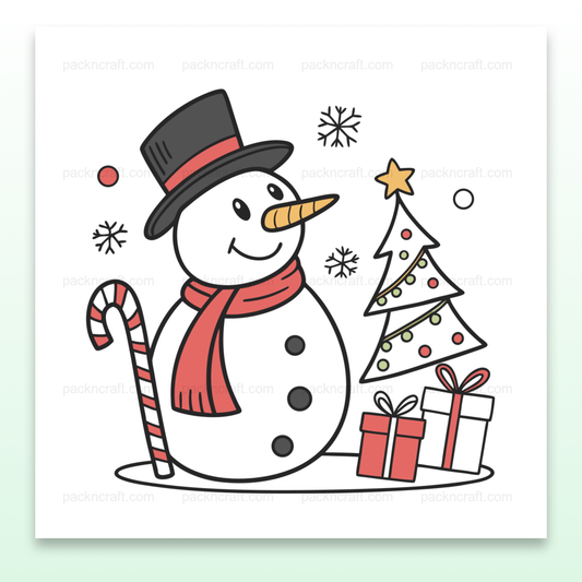 Illustration de bonhomme de neige joyeux avec sapin, parfait pour Noël et papeterie.