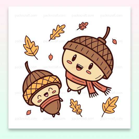 Illustration kawaii des glands dansants en automne, idéale pour DIY