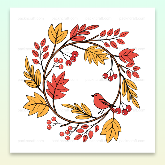 Illustration numérique d'un oiseau niché dans une couronne automnale, style pastel, pour DIY et décoration.