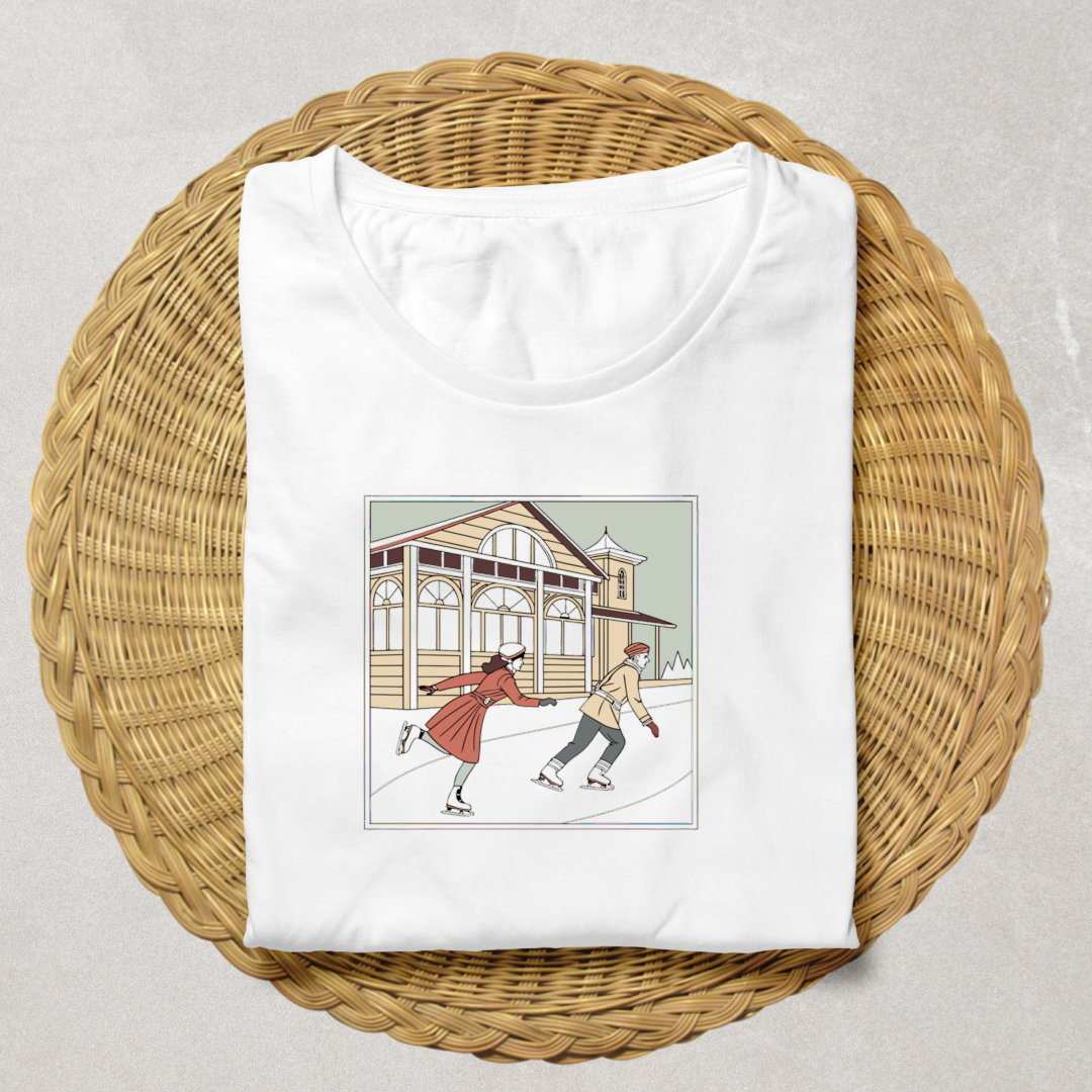 T-shirt avec illustration patineurs rétro, style unique et nostalgique.