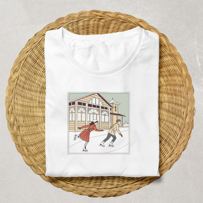 T-shirt avec illustration patineurs rétro, style unique et nostalgique.