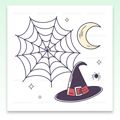 Illustration d'un chapeau de sorcière et d'une toile d'araignée pour Halloween, en style doodle