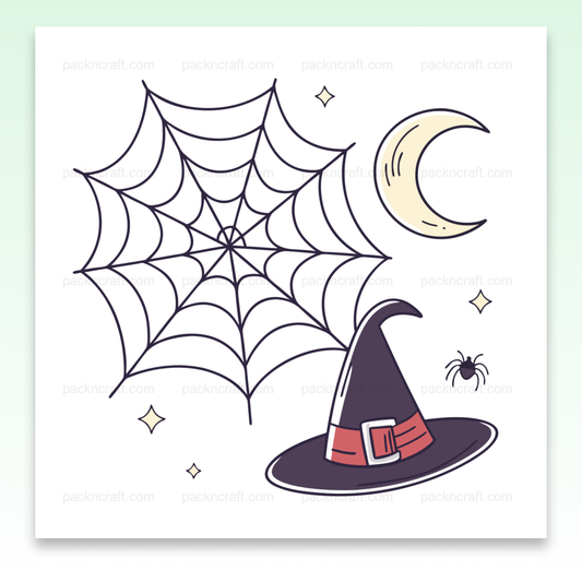 Illustration d'un chapeau de sorcière et d'une toile d'araignée pour Halloween, en style doodle