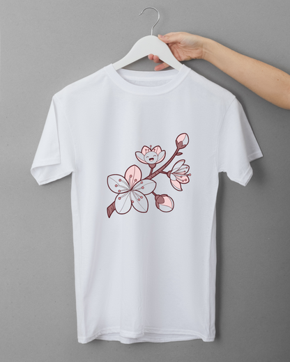T-shirt arborant une fleur de cerisier souriante en doodle style pour un look zen