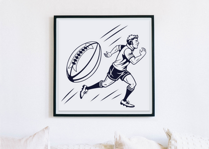 Cadre avec joueur de rugby vectoriel en action pour décoration sportive