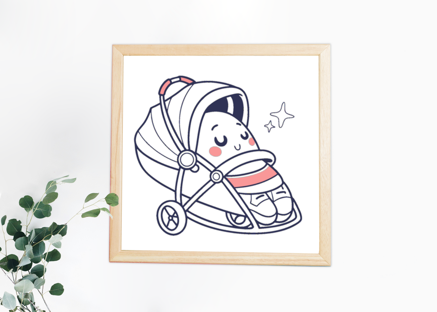 Cadre enfantin avec bébé endormi kawaii pour une décoration douce et apaisante